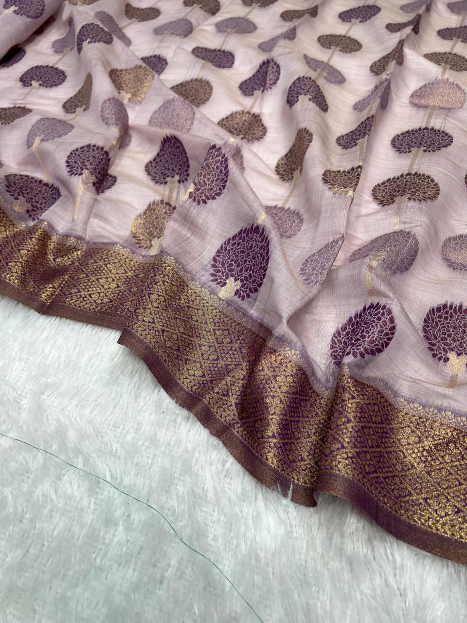 Anula Nexus Lavender Purple Cotton Saree With Tree Inspired Woven Design, Rich Gold Zari Border & Unstitched Blouse Piece-6