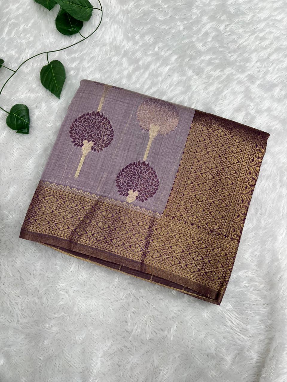 Anula Nexus Lavender Purple Cotton Saree With Tree Inspired Woven Design, Rich Gold Zari Border & Unstitched Blouse Piece