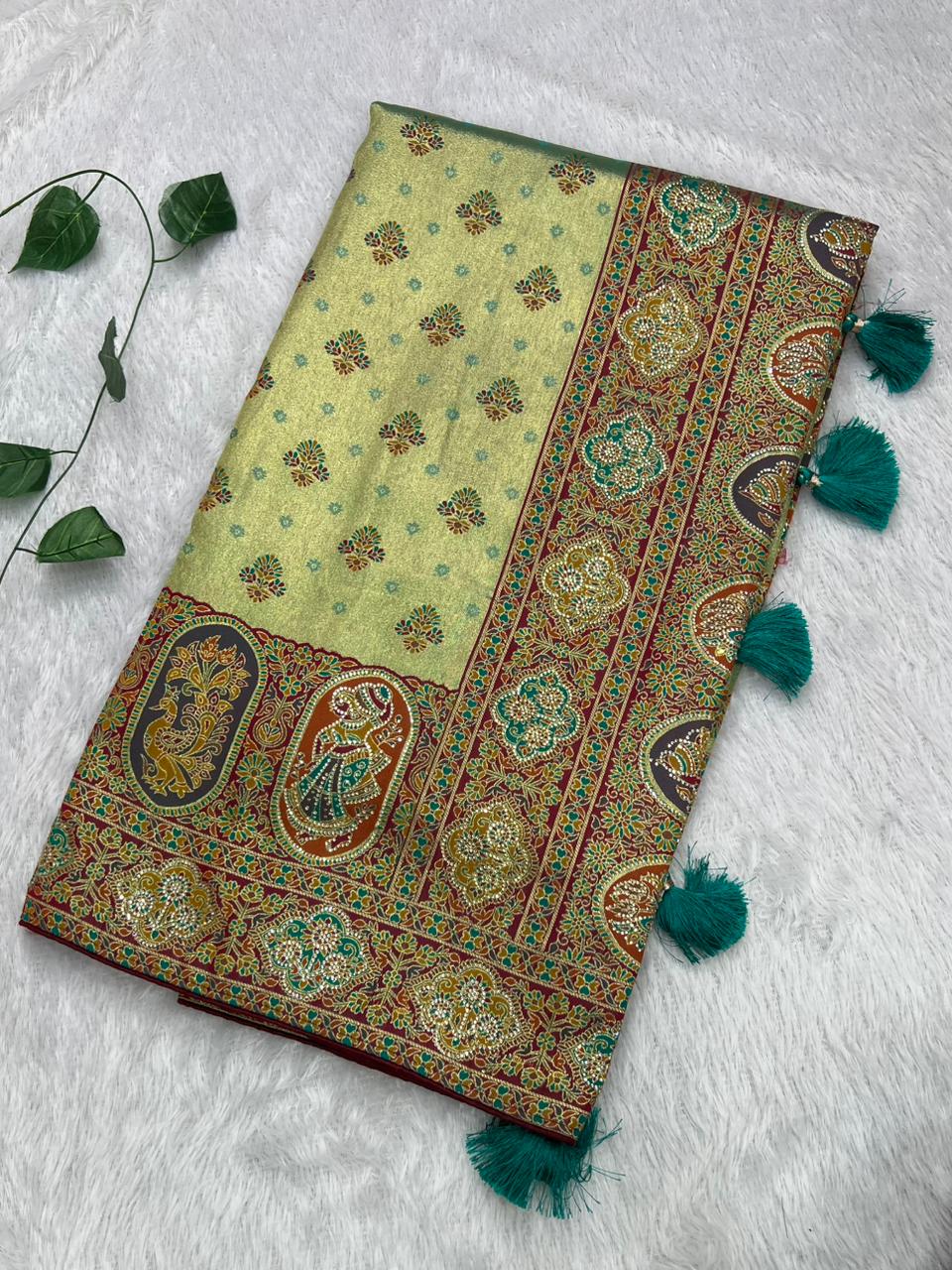 Anula Nexus Mint Gold Position Tissue Saree With Royal Heritage Motifs, Designer Border, Tassel Pallu & Unstitched Blouse-1