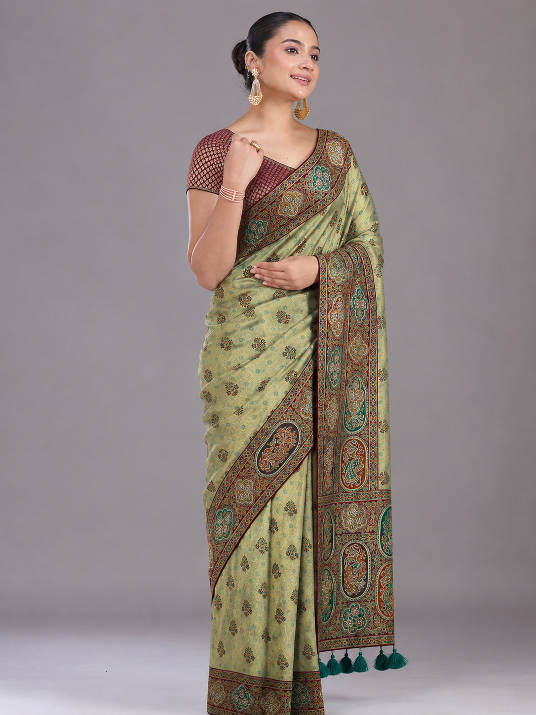 Anula Nexus Mint Gold Position Tissue Saree With Royal Heritage Motifs, Designer Border, Tassel Pallu & Unstitched Blouse