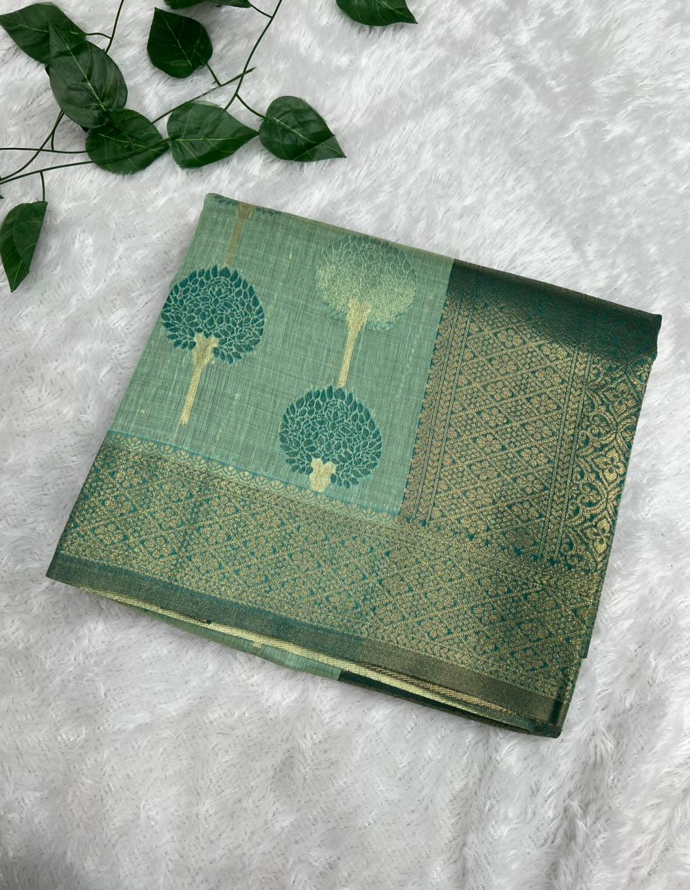 Anula Nexus Mint Green Cotton Saree With Tree Motif Weaving, Teal Green Gold Zari Border & Matching Unstitched Blouse Piece-1