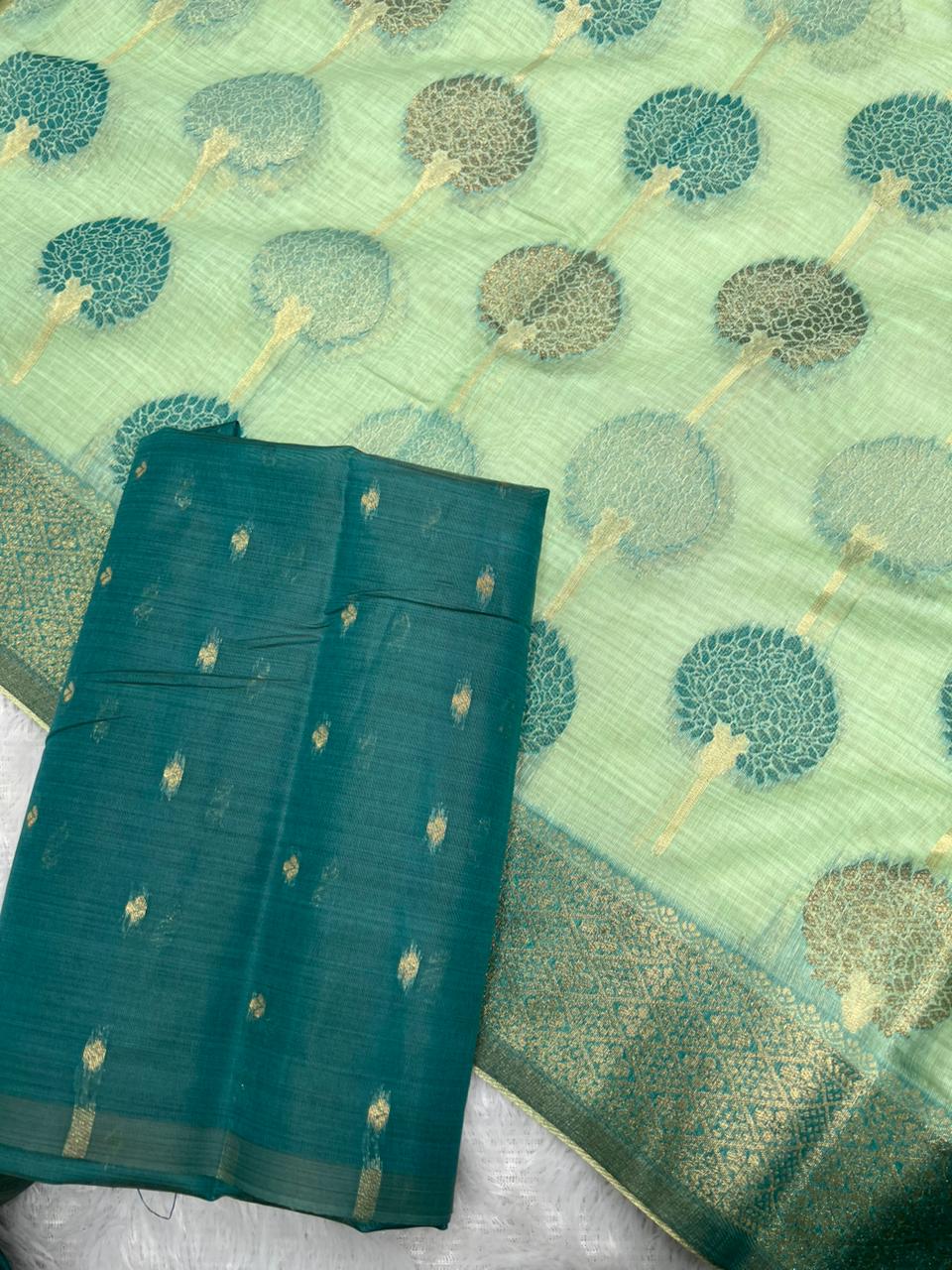 Anula Nexus Mint Green Cotton Saree With Tree Motif Weaving, Teal Green Gold Zari Border & Matching Unstitched Blouse Piece-2