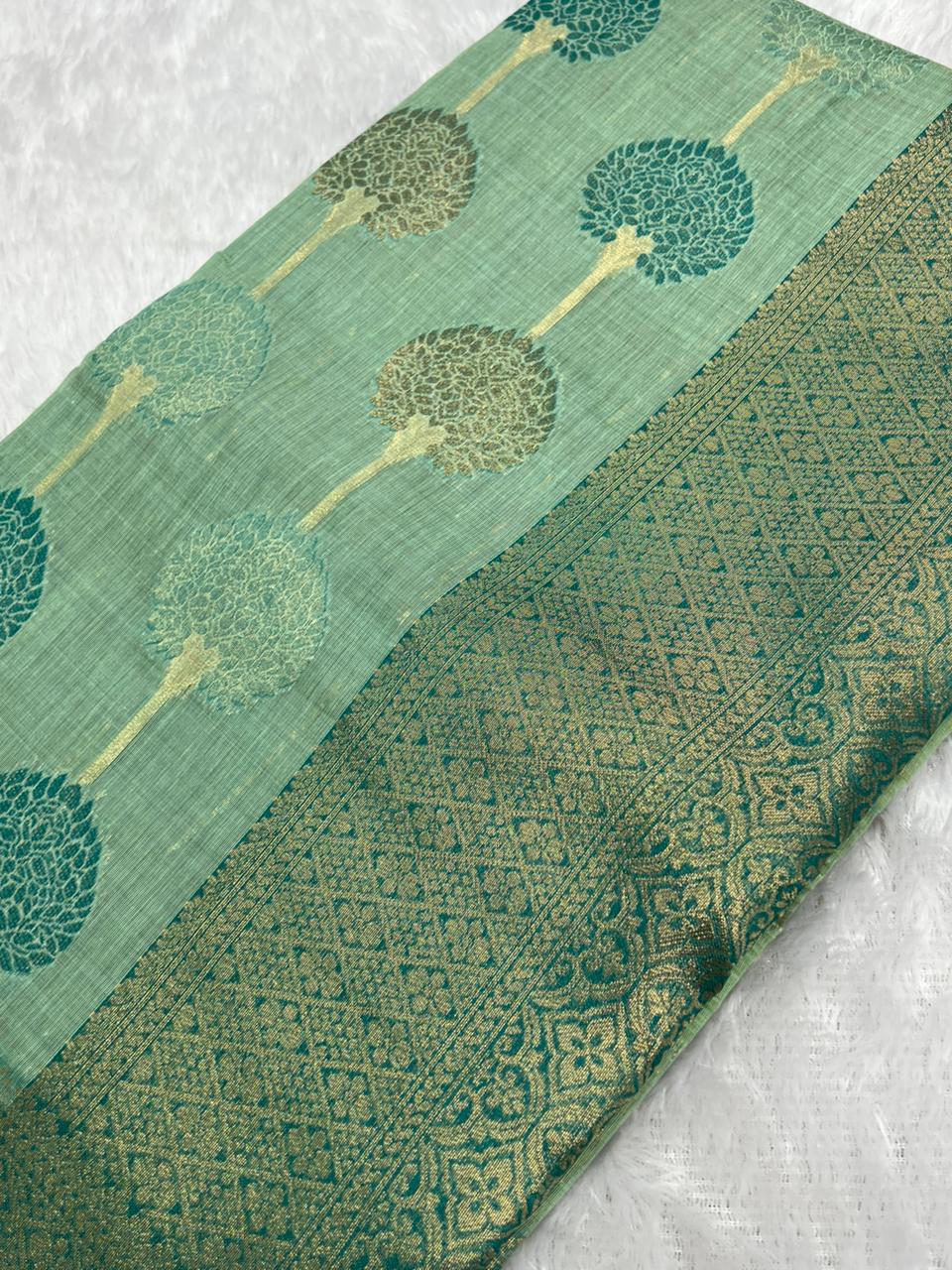 Anula Nexus Mint Green Cotton Saree With Tree Motif Weaving, Teal Green Gold Zari Border & Matching Unstitched Blouse Piece-3