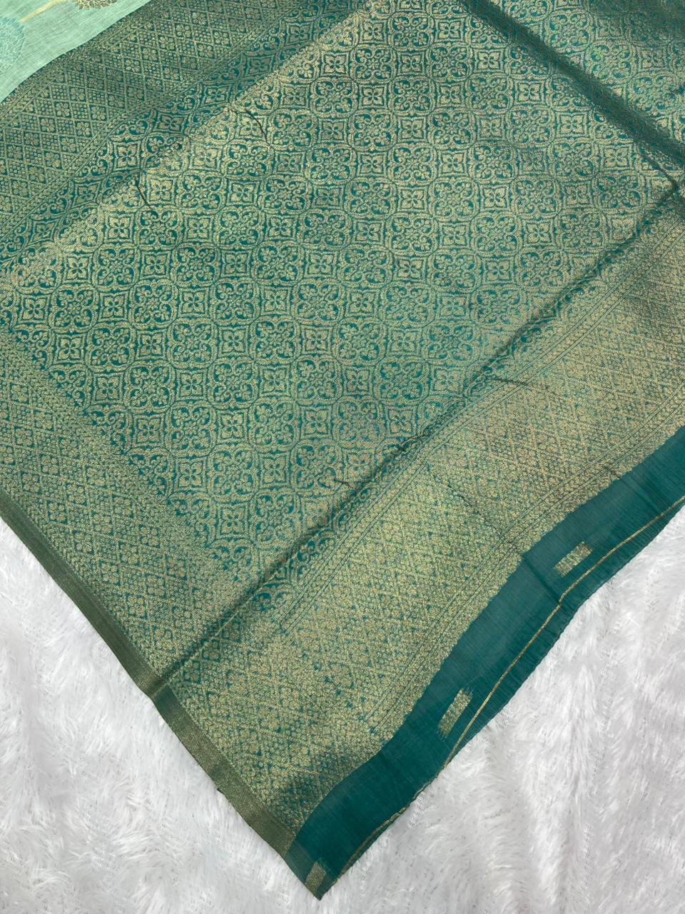Anula Nexus Mint Green Cotton Saree With Tree Motif Weaving, Teal Green Gold Zari Border & Matching Unstitched Blouse Piece-4