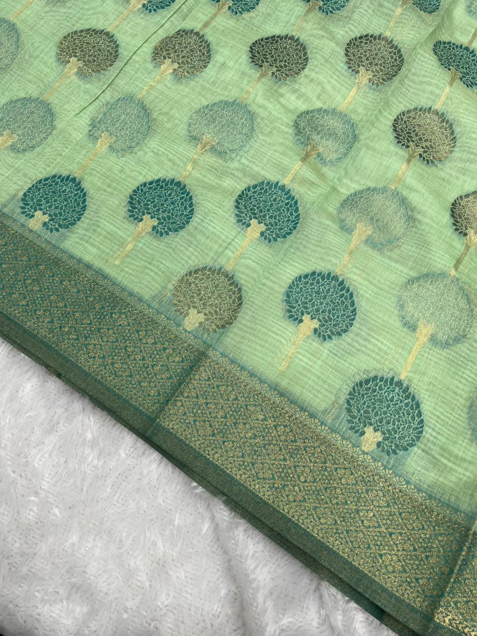 Anula Nexus Mint Green Cotton Saree With Tree Motif Weaving, Teal Green Gold Zari Border & Matching Unstitched Blouse Piece-5