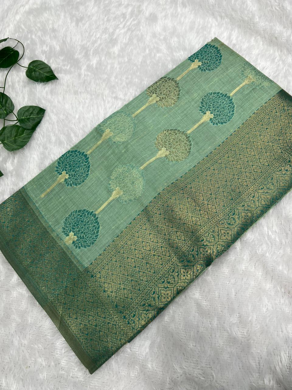 Anula Nexus Mint Green Cotton Saree With Tree Motif Weaving, Teal Green Gold Zari Border & Matching Unstitched Blouse Piece