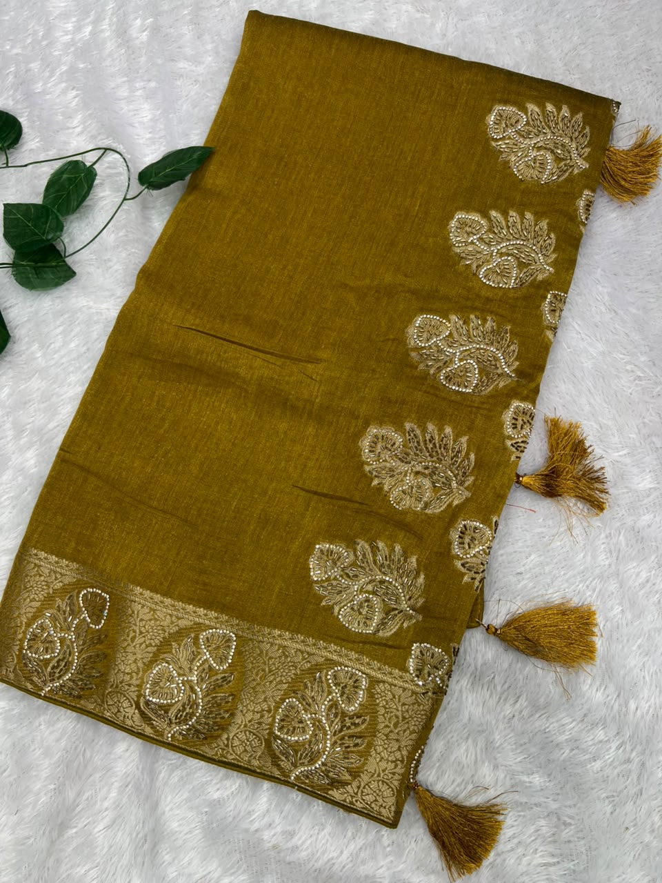 Anula Nexus Mustard Yellow Premium Linen Saree With Heavy Handwork, Designer Woven Border & Tassel Detailing, Matching Unstitched Blouse Piece Included-1