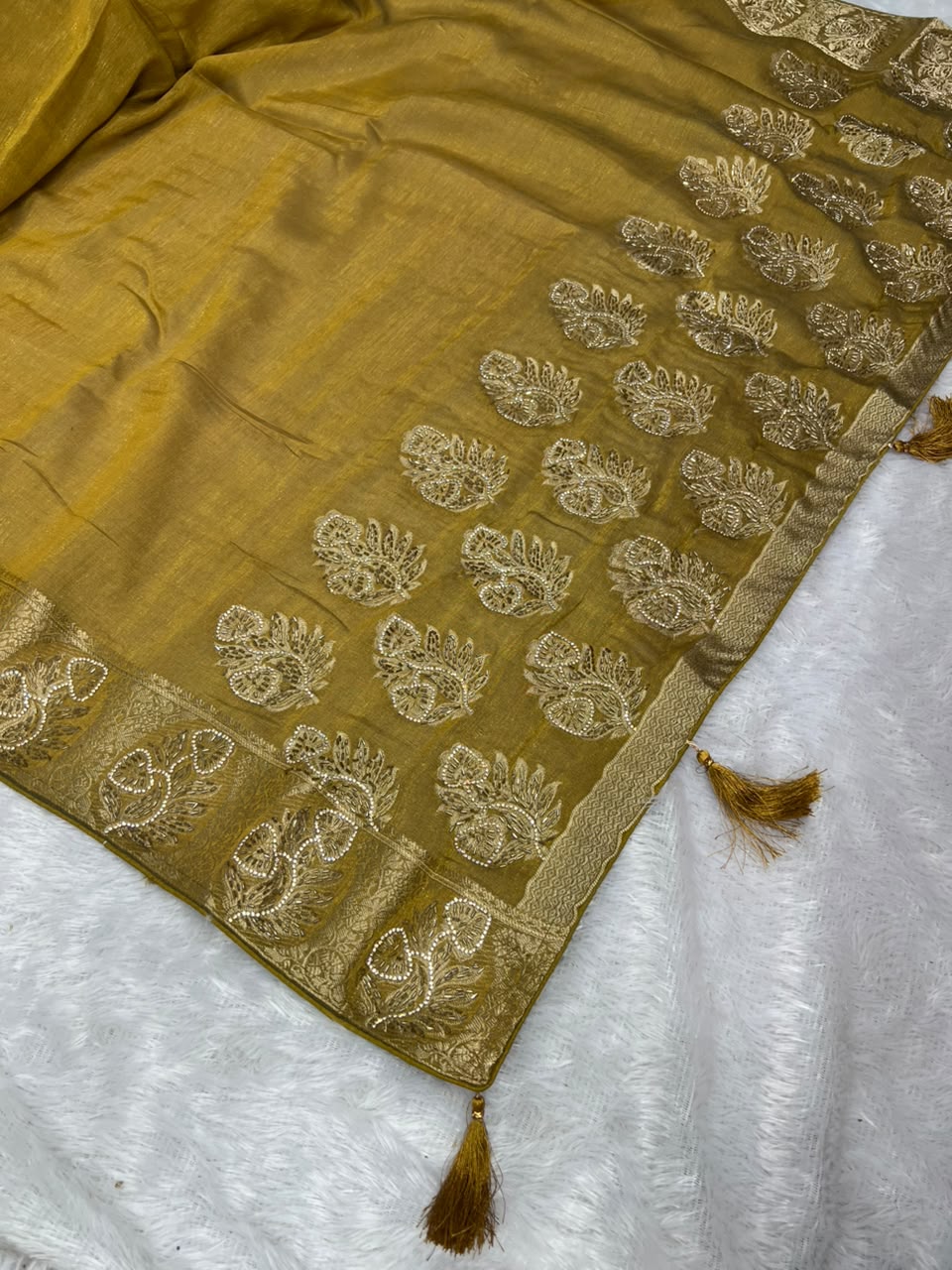 Anula Nexus Mustard Yellow Premium Linen Saree With Heavy Handwork, Designer Woven Border & Tassel Detailing, Matching Unstitched Blouse Piece Included-3