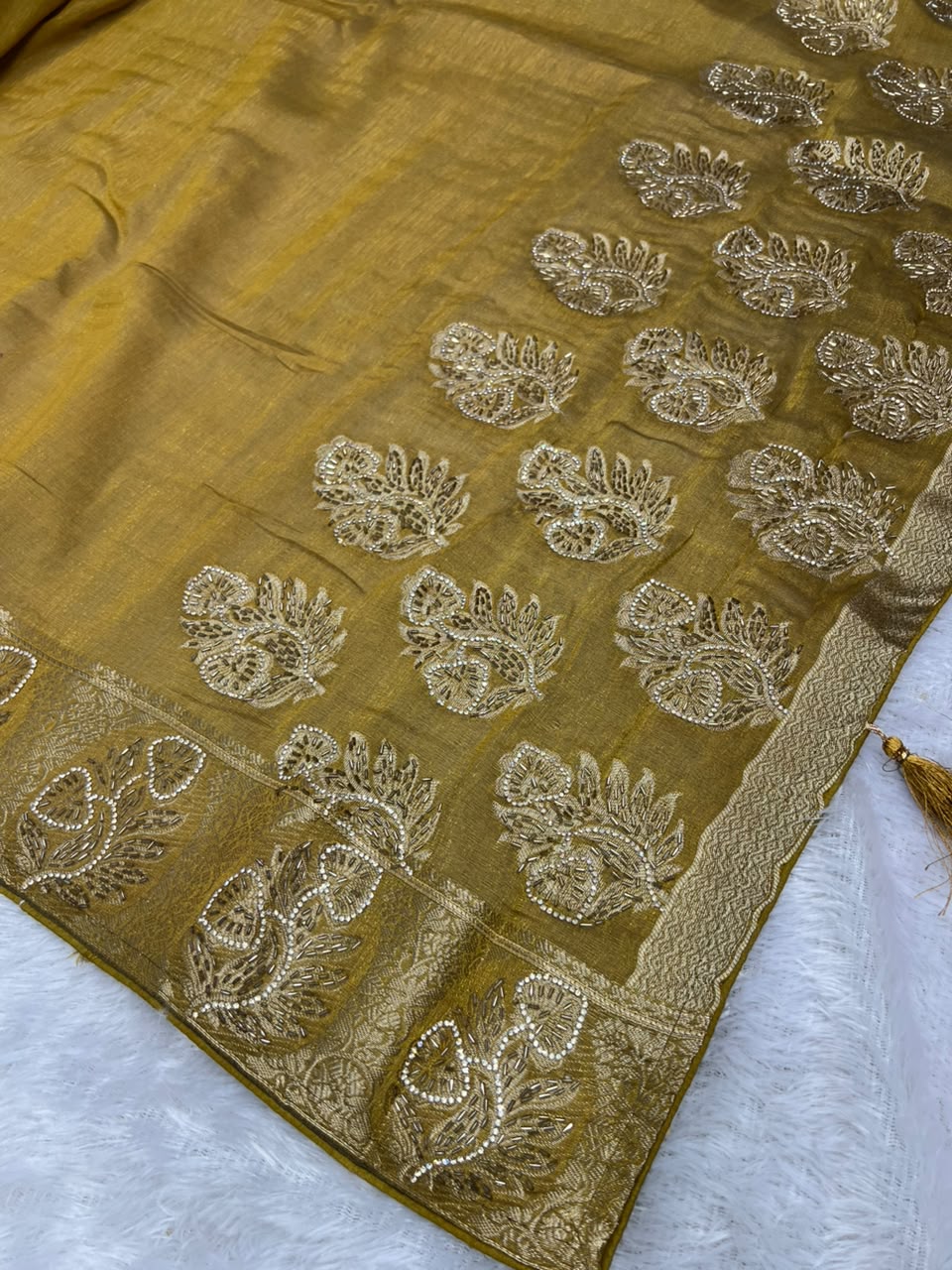 Anula Nexus Mustard Yellow Premium Linen Saree With Heavy Handwork, Designer Woven Border & Tassel Detailing, Matching Unstitched Blouse Piece Included-5