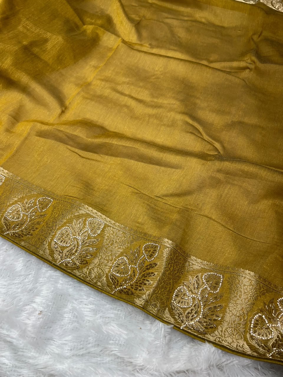 Anula Nexus Mustard Yellow Premium Linen Saree With Heavy Handwork, Designer Woven Border & Tassel Detailing, Matching Unstitched Blouse Piece Included-6