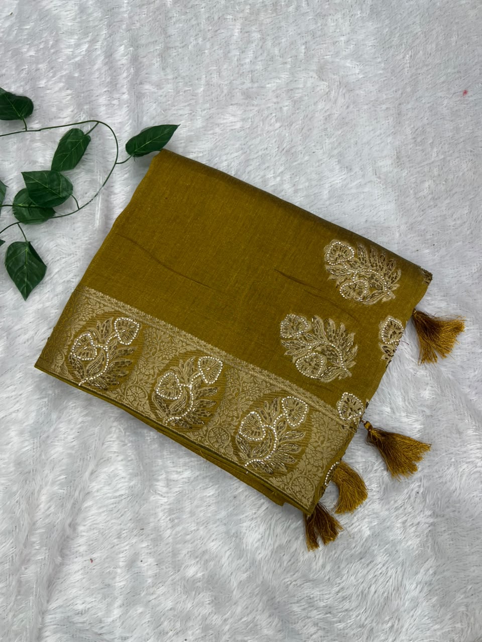 Anula Nexus Mustard Yellow Premium Linen Saree With Heavy Handwork, Designer Woven Border & Tassel Detailing, Matching Unstitched Blouse Piece Included