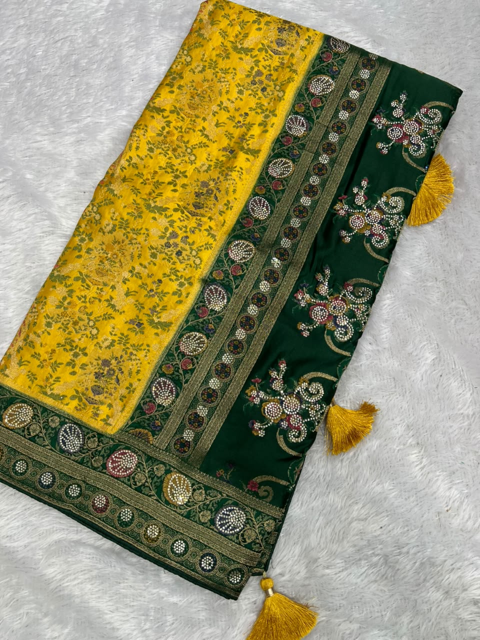 Anula Nexus Mustard Yellow Satin Saree With Floral Weaving, Pearl Work Designer Border, Bottle Green Pallu & Unstitched Blouse Piece-1