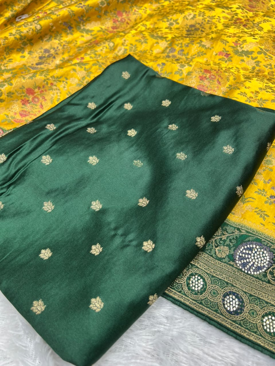 Anula Nexus Mustard Yellow Satin Saree With Floral Weaving, Pearl Work Designer Border, Bottle Green Pallu & Unstitched Blouse Piece-2