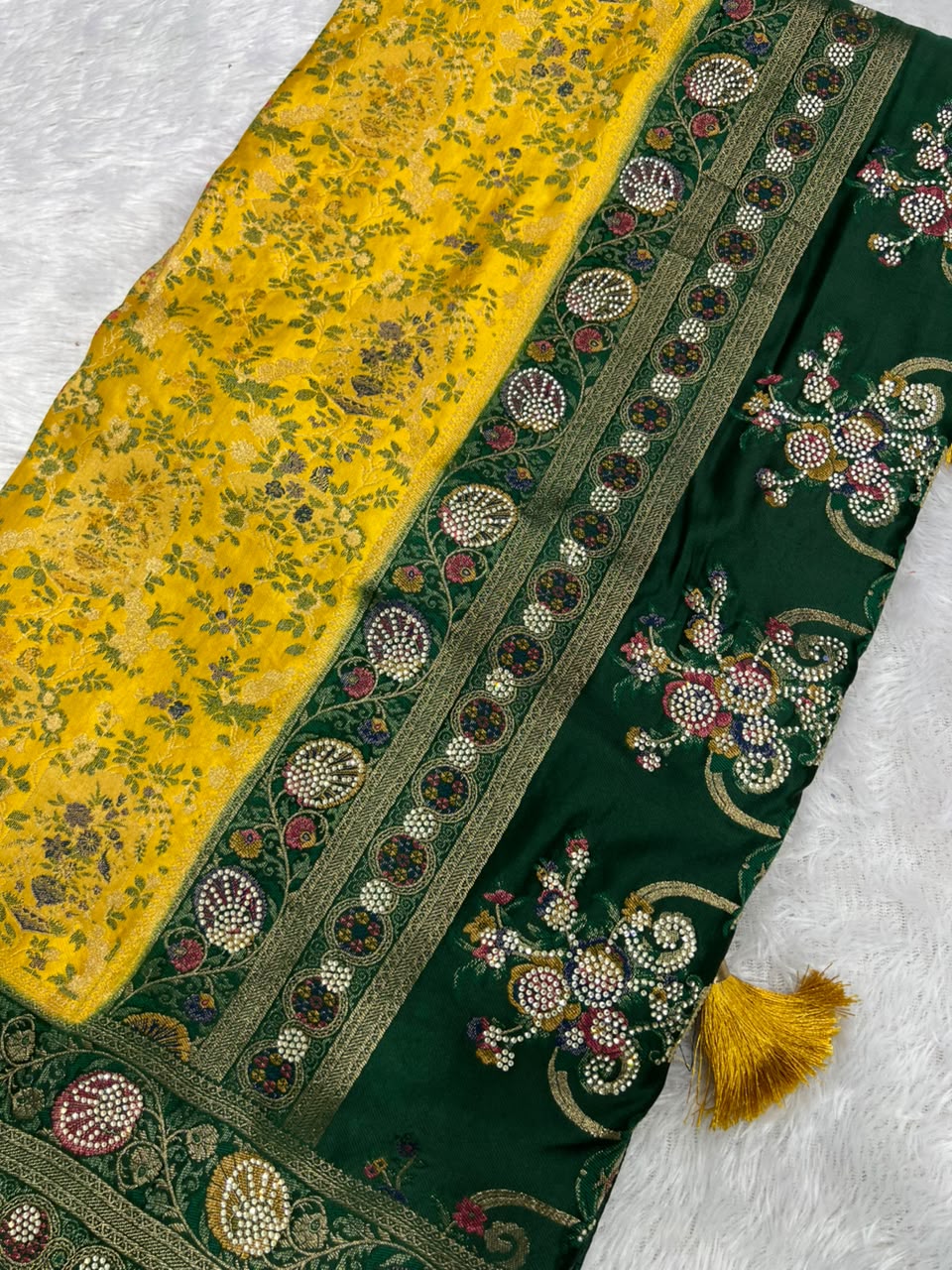 Anula Nexus Mustard Yellow Satin Saree With Floral Weaving, Pearl Work Designer Border, Bottle Green Pallu & Unstitched Blouse Piece-3