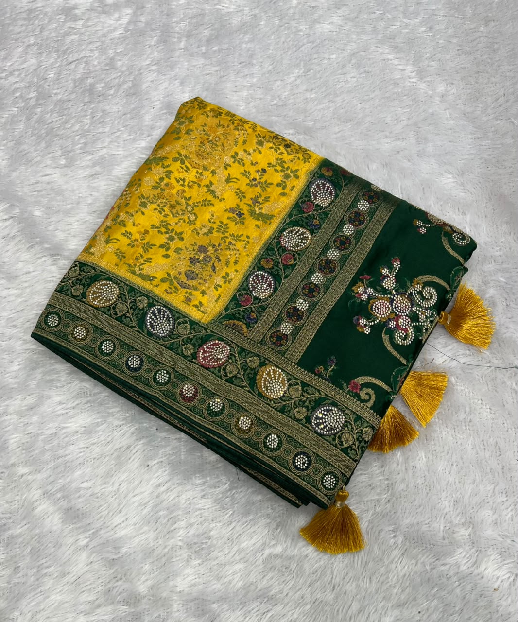 Anula Nexus Mustard Yellow Satin Saree With Floral Weaving, Pearl Work Designer Border, Bottle Green Pallu & Unstitched Blouse Piece