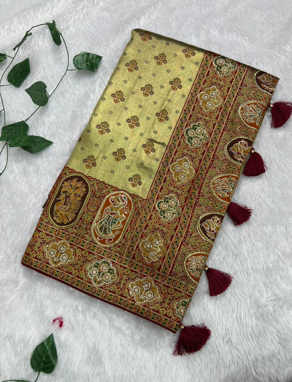 Anula Nexus Olive Gold Position Tissue Saree With Royal Heritage Motifs, Designer Border, Tassel Pallu & Unstitched Blouse-1