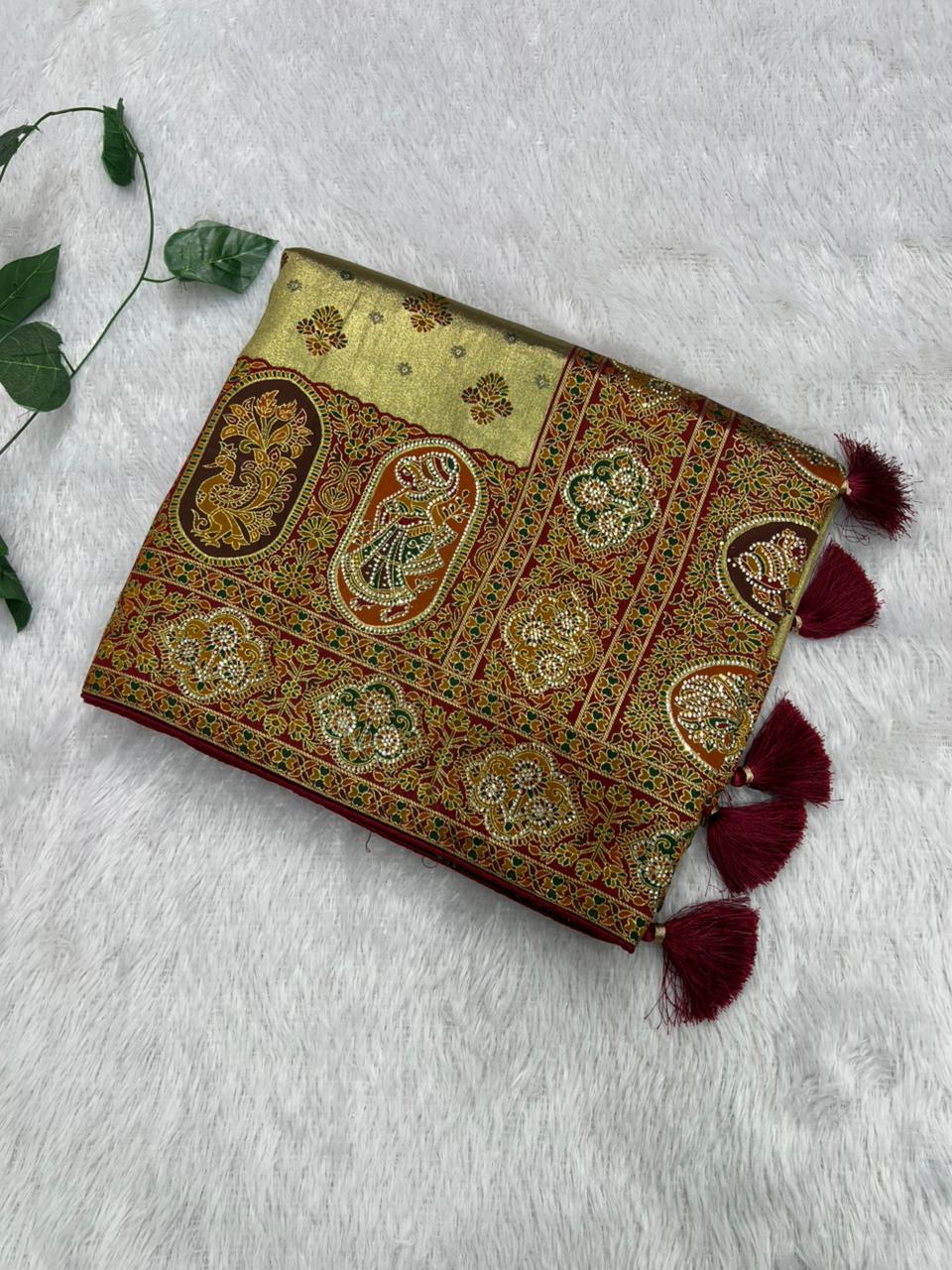 Anula Nexus Olive Gold Position Tissue Saree With Royal Heritage Motifs, Designer Border, Tassel Pallu & Unstitched Blouse-3