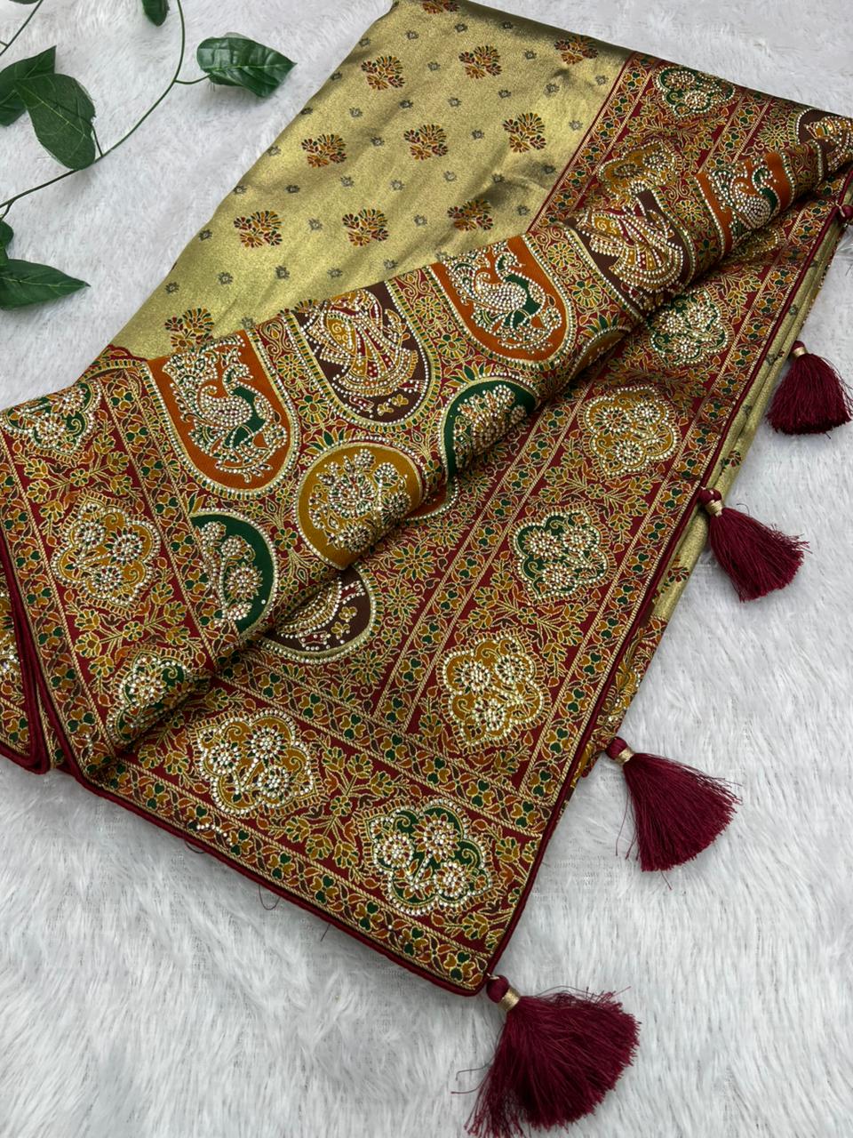 Anula Nexus Olive Gold Position Tissue Saree With Royal Heritage Motifs, Designer Border, Tassel Pallu & Unstitched Blouse-4