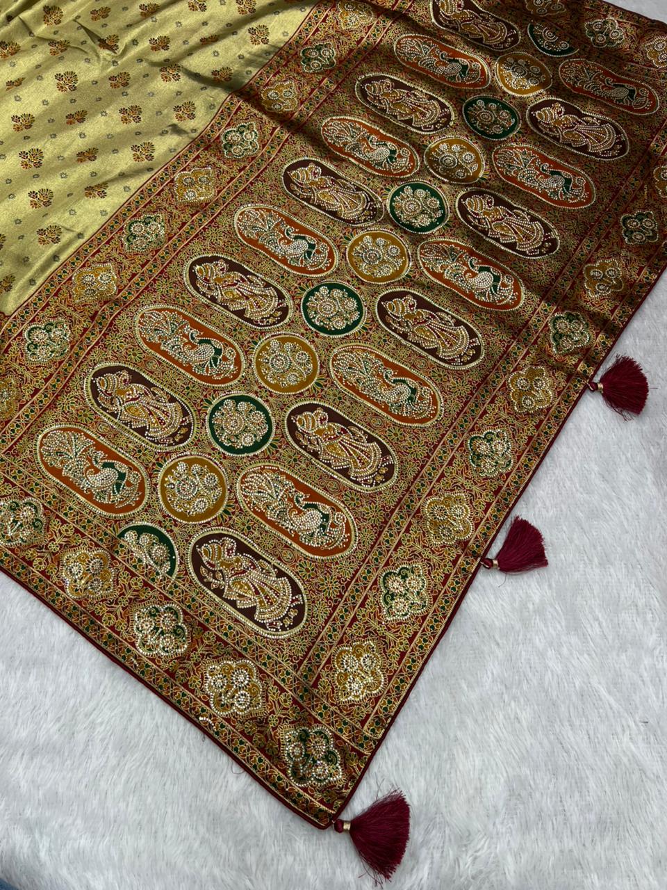 Anula Nexus Olive Gold Position Tissue Saree With Royal Heritage Motifs, Designer Border, Tassel Pallu & Unstitched Blouse-5