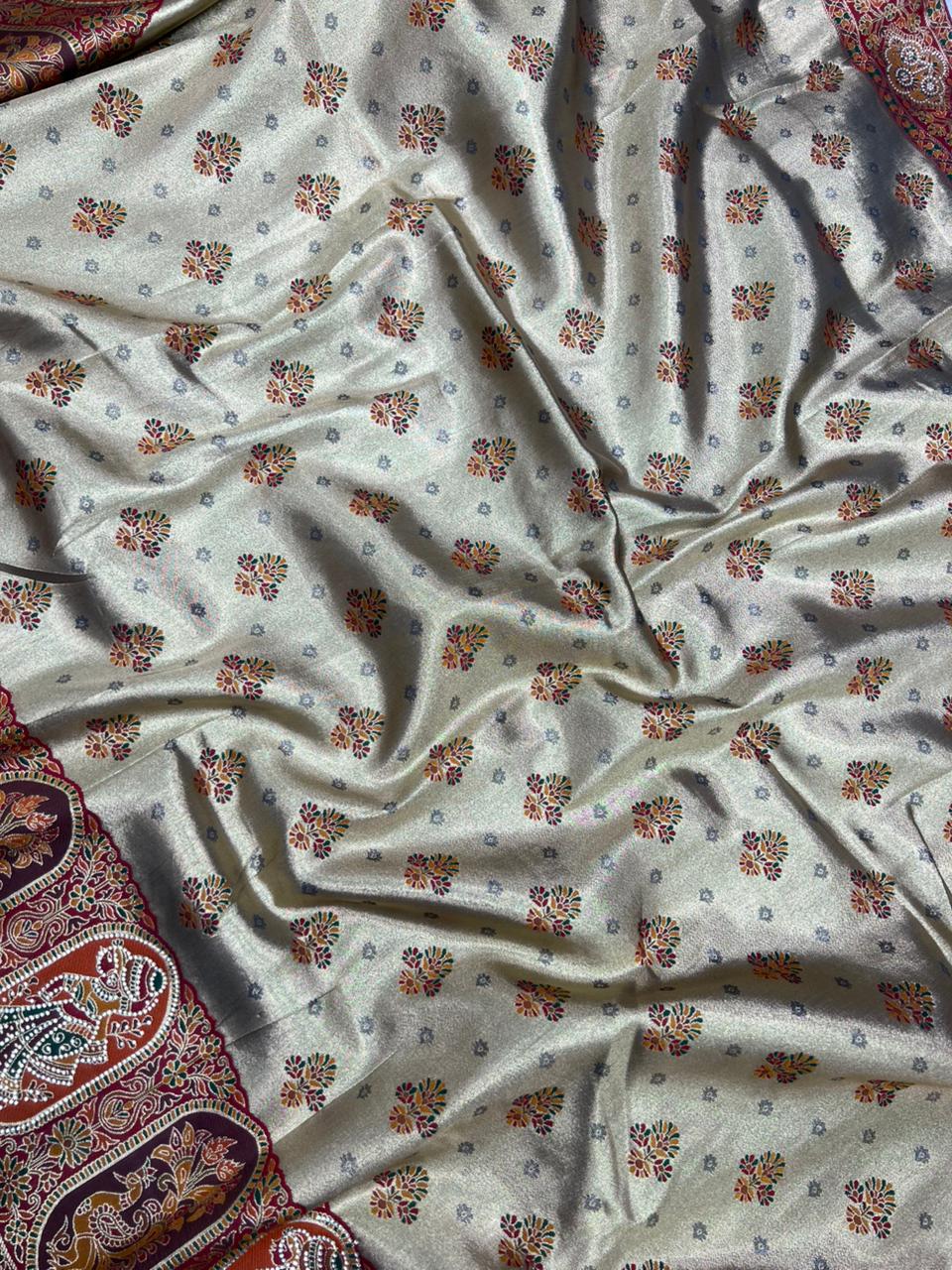 Anula Nexus Olive Gold Position Tissue Saree With Royal Heritage Motifs, Designer Border, Tassel Pallu & Unstitched Blouse-6