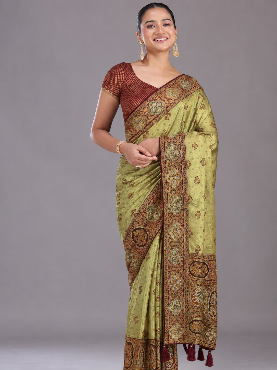 Anula Nexus Olive Gold Position Tissue Saree With Royal Heritage Motifs, Designer Border, Tassel Pallu & Unstitched Blouse