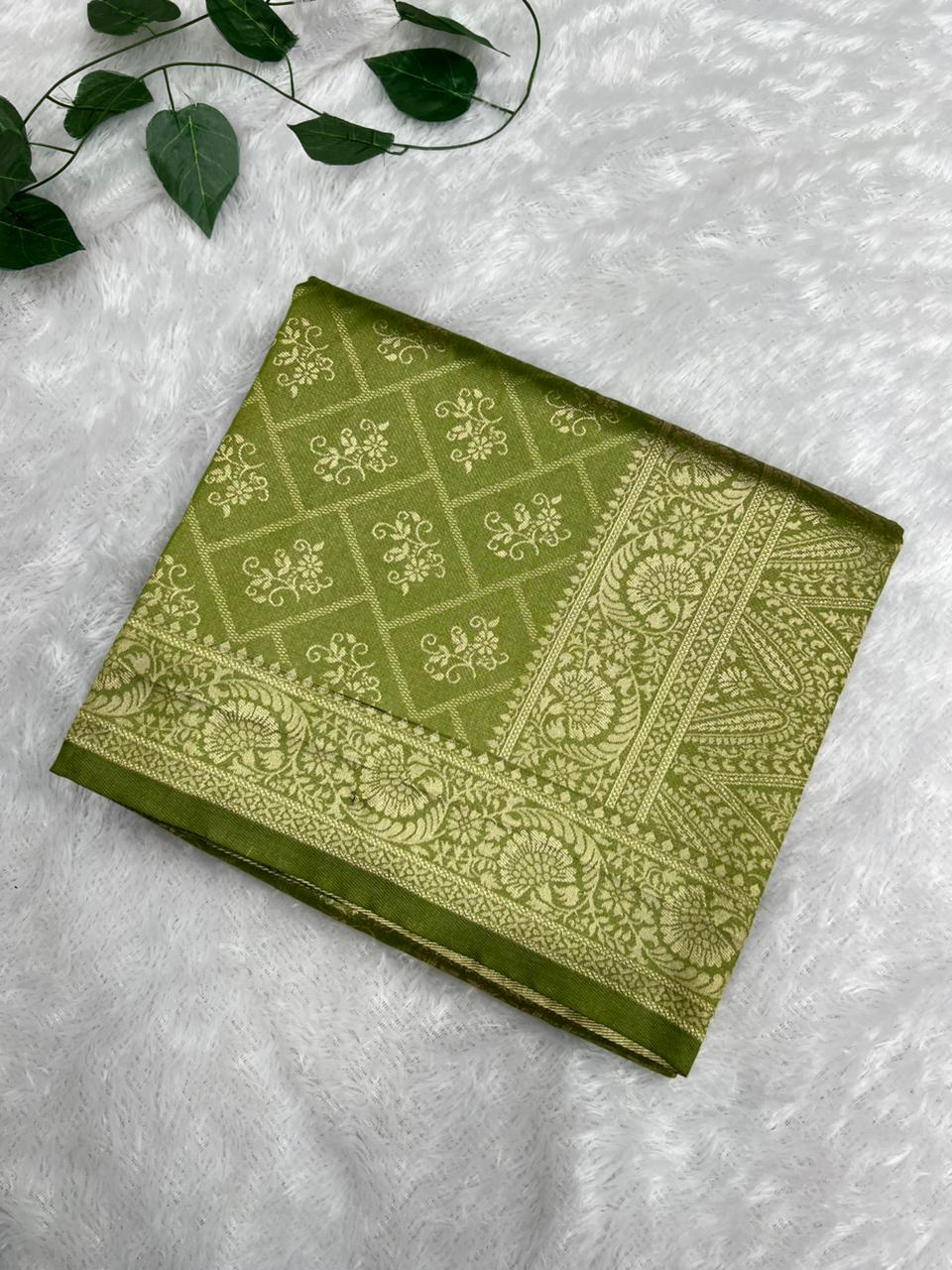Anula Nexus Olive Green Cotton Saree With Floral Butta Weaving, Rich Zari Pallu & Matching Unstitched Blouse Piece-1