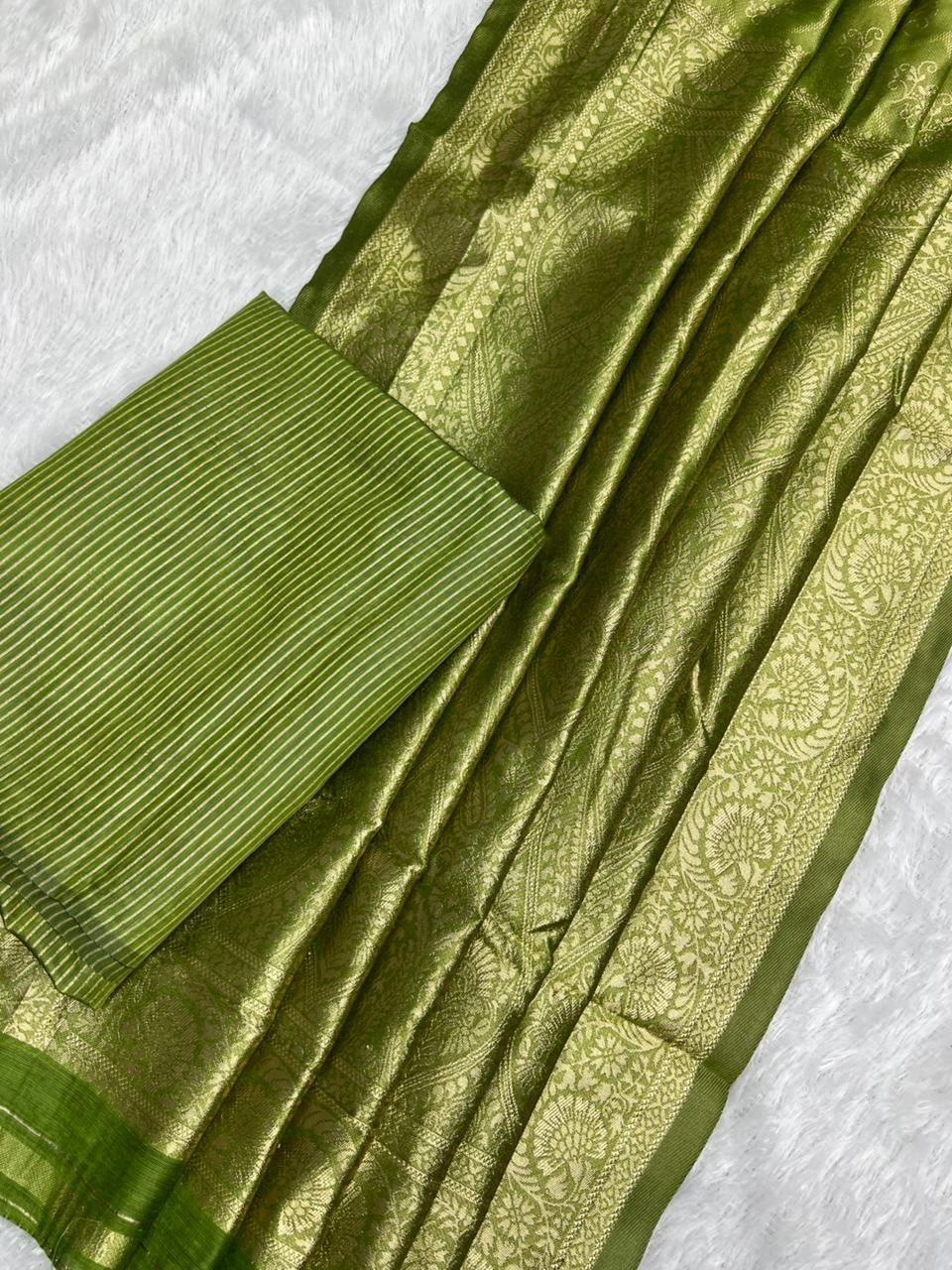 Anula Nexus Olive Green Cotton Saree With Floral Butta Weaving, Rich Zari Pallu & Matching Unstitched Blouse Piece-2