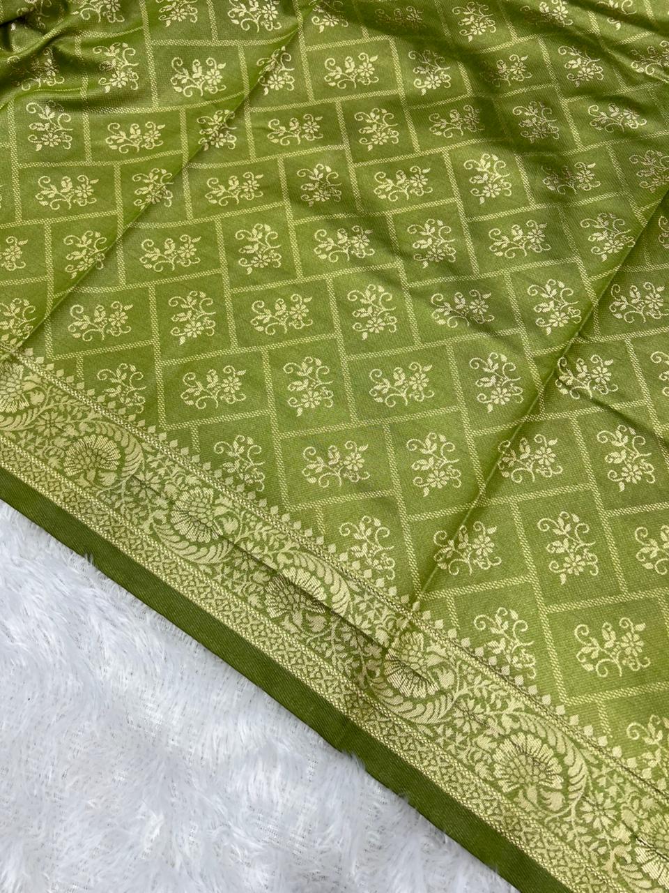 Anula Nexus Olive Green Cotton Saree With Floral Butta Weaving, Rich Zari Pallu & Matching Unstitched Blouse Piece-4