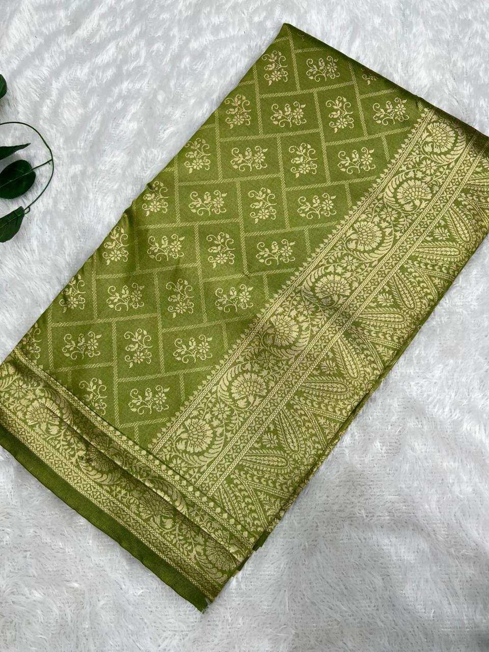 Anula Nexus Olive Green Cotton Saree With Floral Butta Weaving, Rich Zari Pallu & Matching Unstitched Blouse Piece