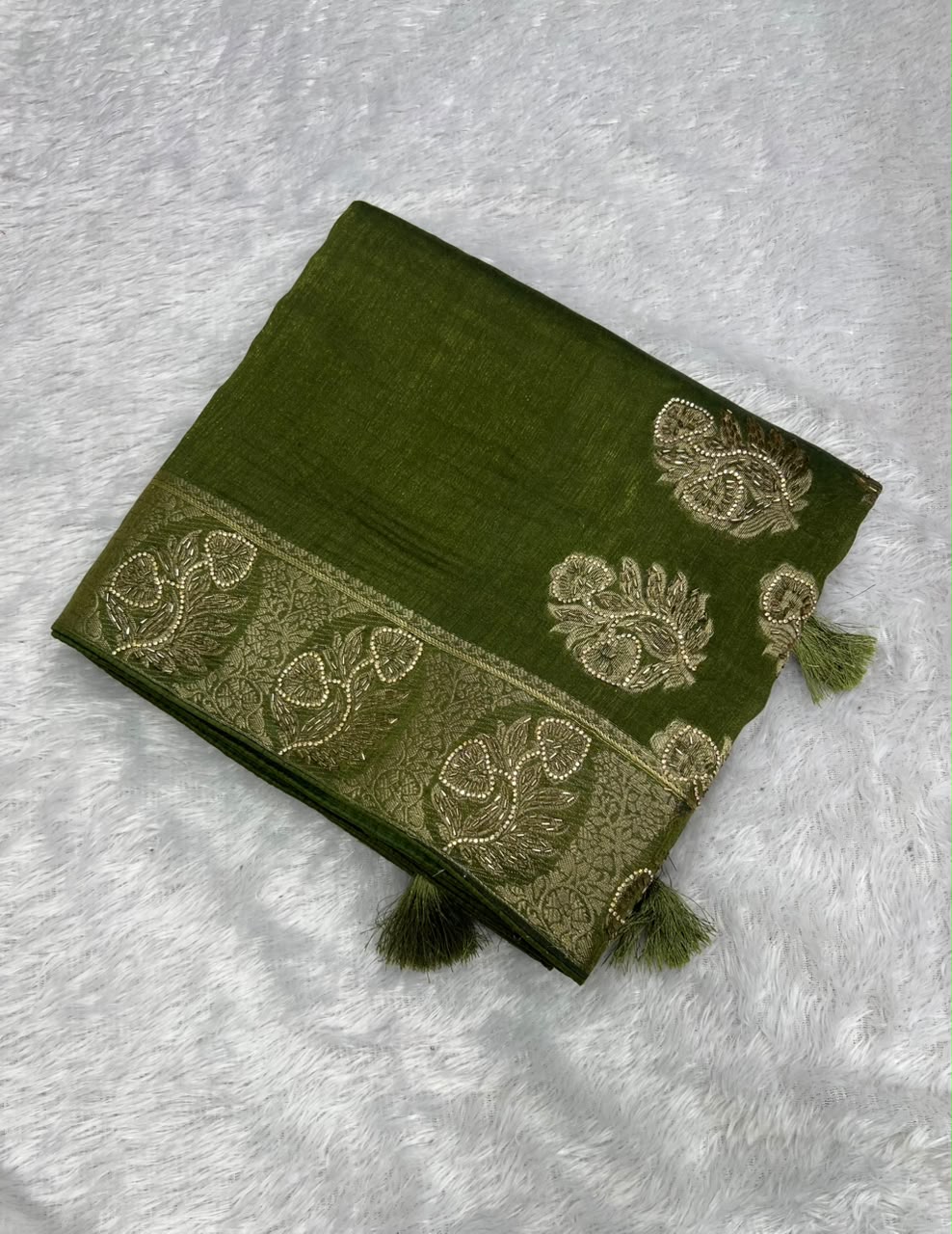 Anula Nexus Olive Green Premium Linen Saree With Heavy Handwork, Designer Woven Border & Tassel Detailing, Matching Unstitched Blouse Piece Included-1