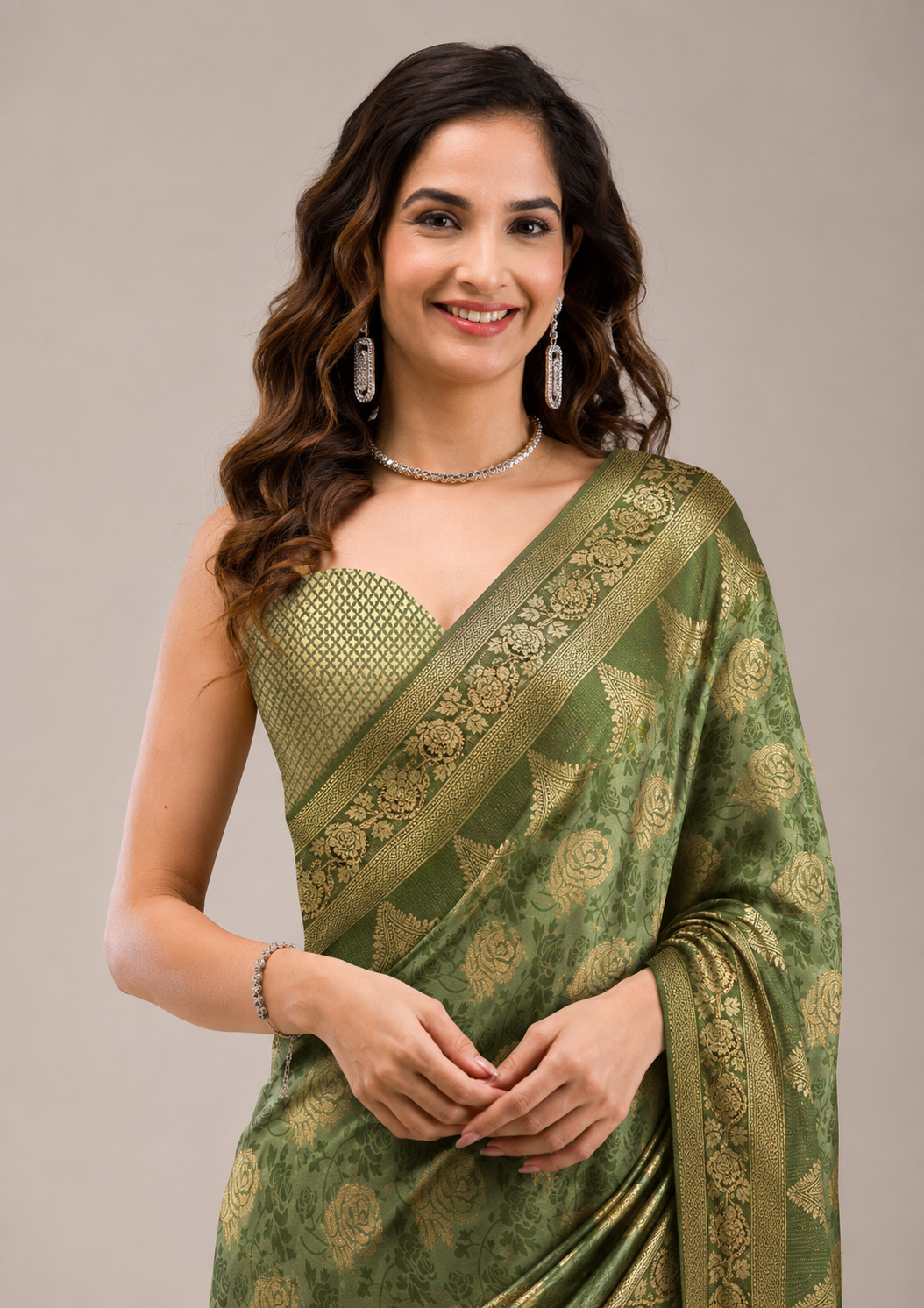 Anula Nexus Olive Green Satin Saree With Designer Woven Floral Butta, Heritage Border, Heavy Pallu & Matching Unstitched Blouse Piece-01