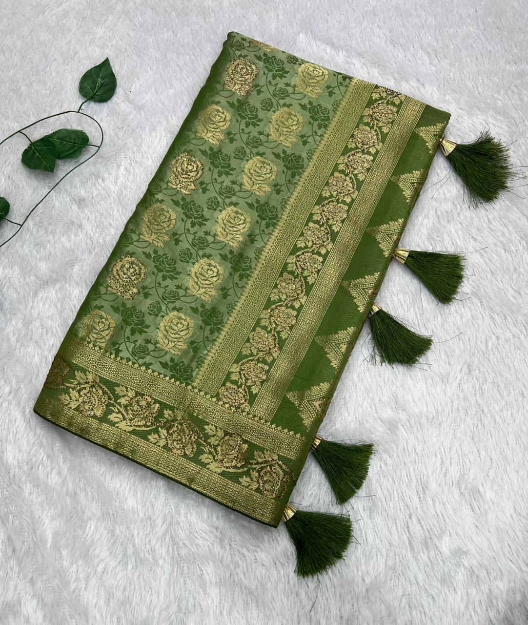Anula Nexus Olive Green Satin Saree With Designer Woven Floral Butta, Heritage Border, Heavy Pallu & Matching Unstitched Blouse Piece-1