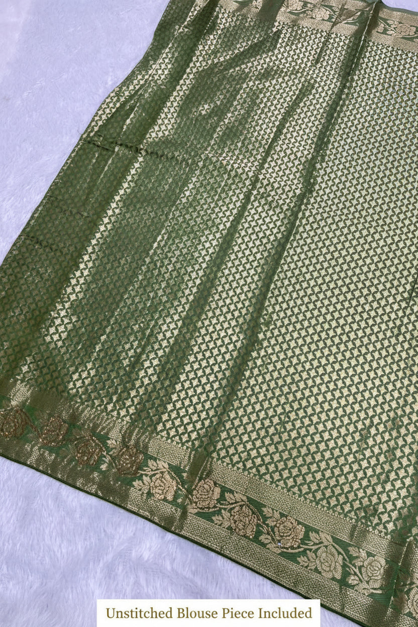 Anula Nexus Olive Green Satin Saree With Designer Woven Floral Butta, Heritage Border, Heavy Pallu & Matching Unstitched Blouse Piece-2