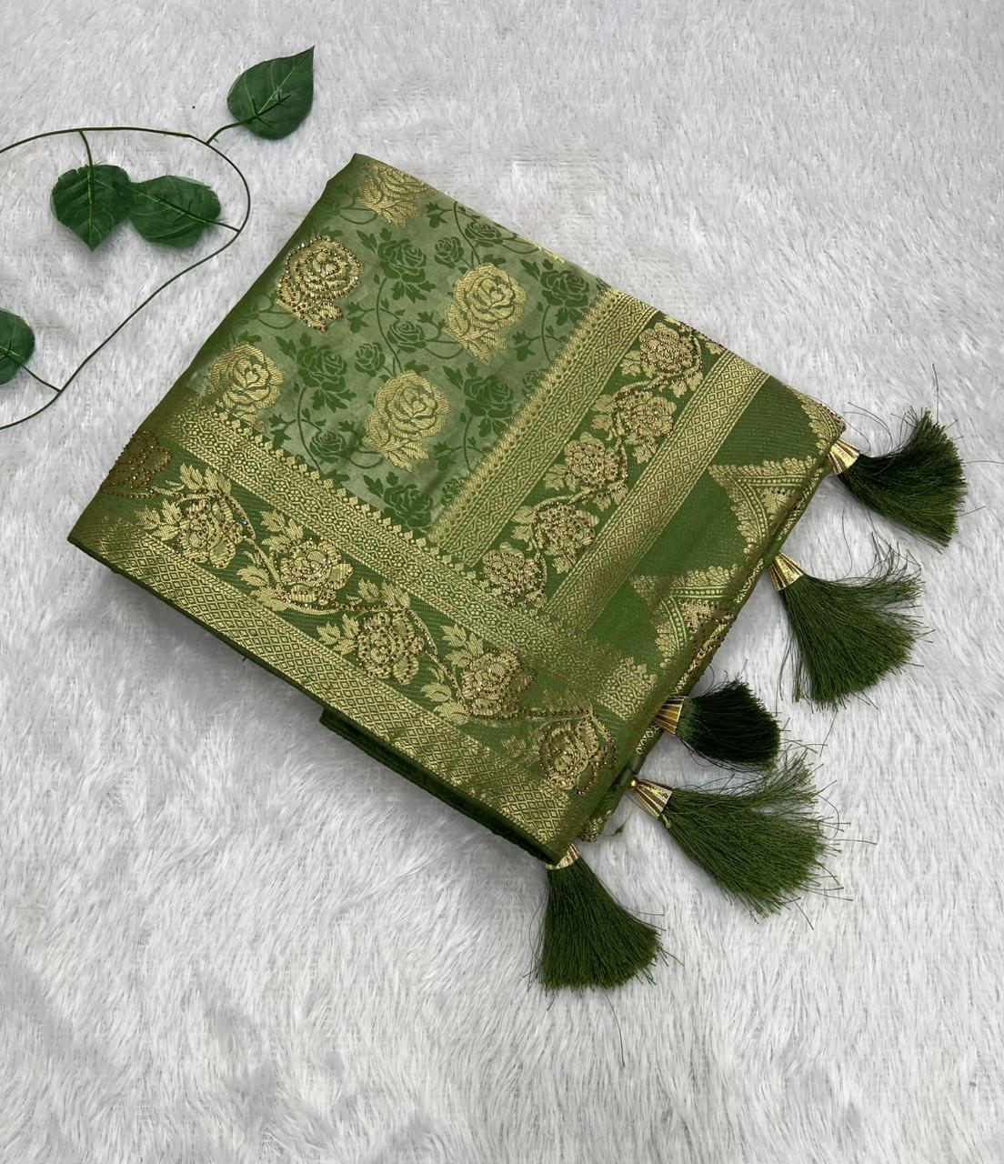 Anula Nexus Olive Green Satin Saree With Designer Woven Floral Butta, Heritage Border, Heavy Pallu & Matching Unstitched Blouse Piece-3