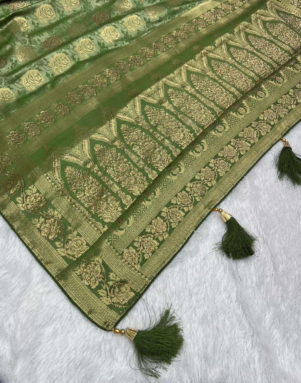 Anula Nexus Olive Green Satin Saree With Designer Woven Floral Butta, Heritage Border, Heavy Pallu & Matching Unstitched Blouse Piece-4