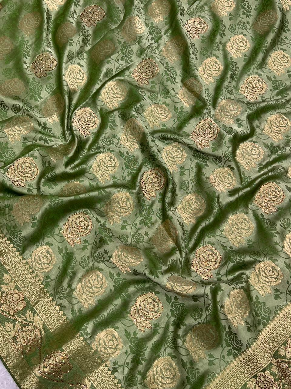 Anula Nexus Olive Green Satin Saree With Designer Woven Floral Butta, Heritage Border, Heavy Pallu & Matching Unstitched Blouse Piece-5