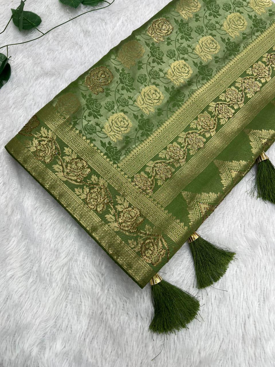 Anula Nexus Olive Green Satin Saree With Designer Woven Floral Butta, Heritage Border, Heavy Pallu & Matching Unstitched Blouse Piece-6