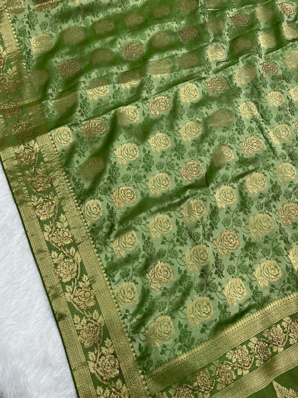 Anula Nexus Olive Green Satin Saree With Designer Woven Floral Butta, Heritage Border, Heavy Pallu & Matching Unstitched Blouse Piece-7