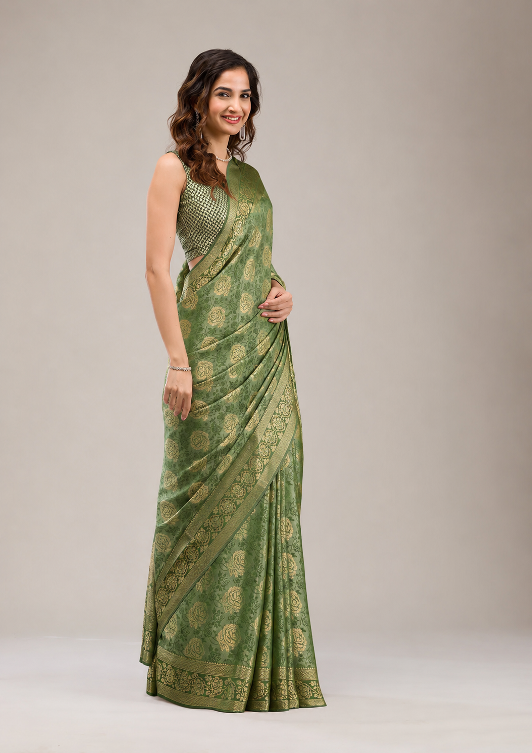 Anula Nexus Olive Green Satin Saree With Designer Woven Floral Butta, Heritage Border, Heavy Pallu & Matching Unstitched Blouse Piece