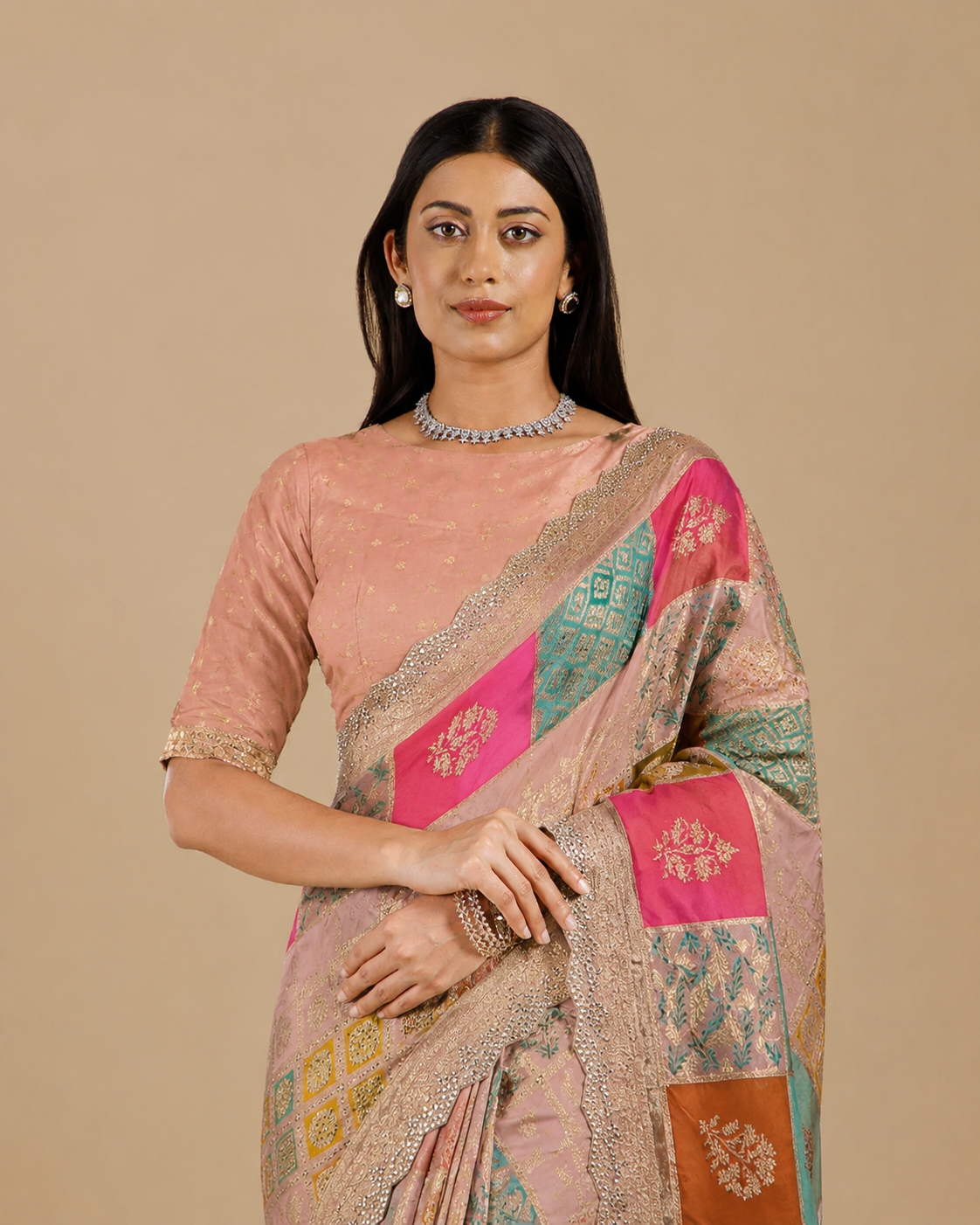 Anula Nexus Peach Pink Malai Satin Saree With Rainbow Multi Box Design, Cut Work Border & Unstitched Blouse Piece-1