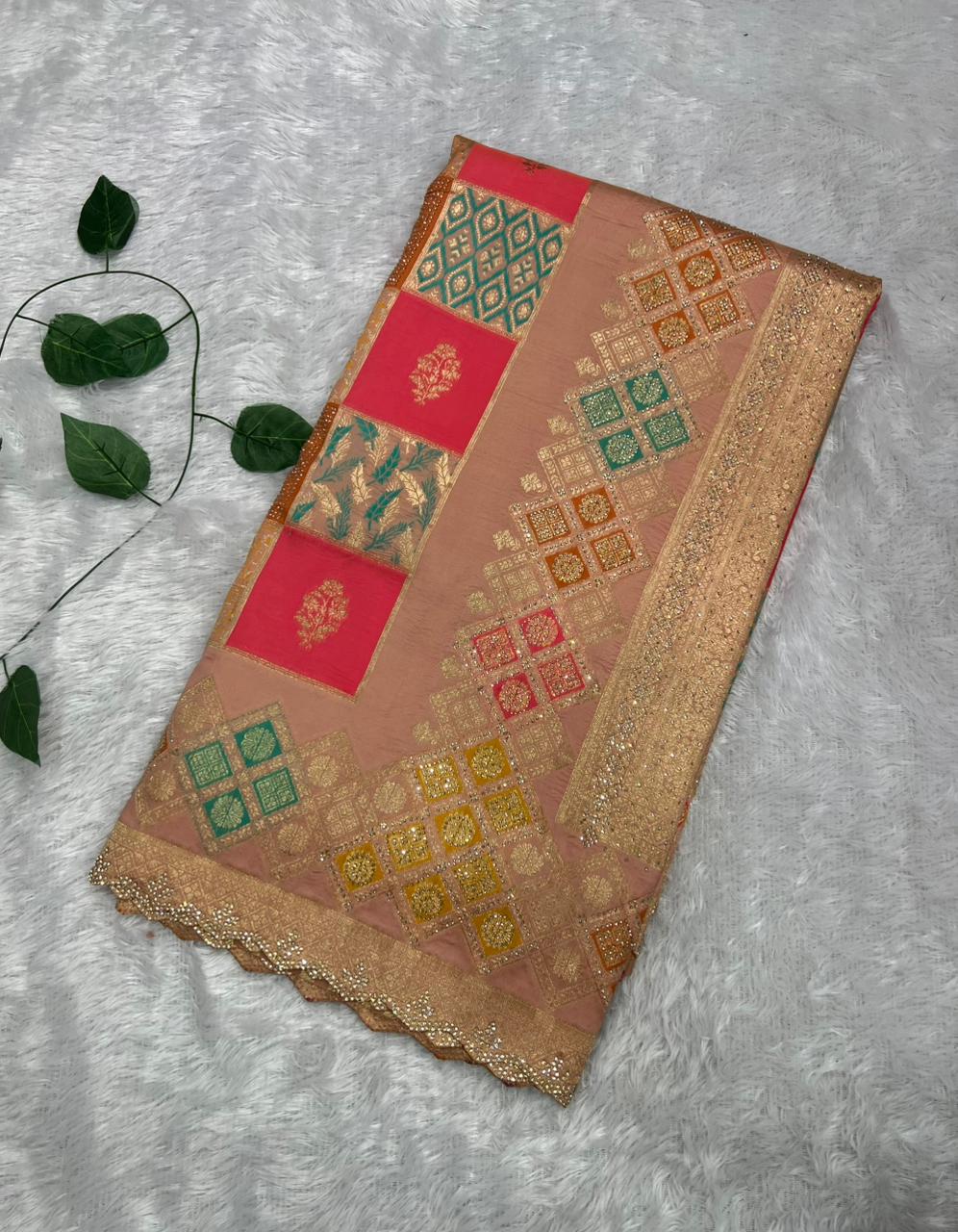 Anula Nexus Peach Pink Malai Satin Saree With Rainbow Multi Box Design, Cut Work Border & Unstitched Blouse Piece-2