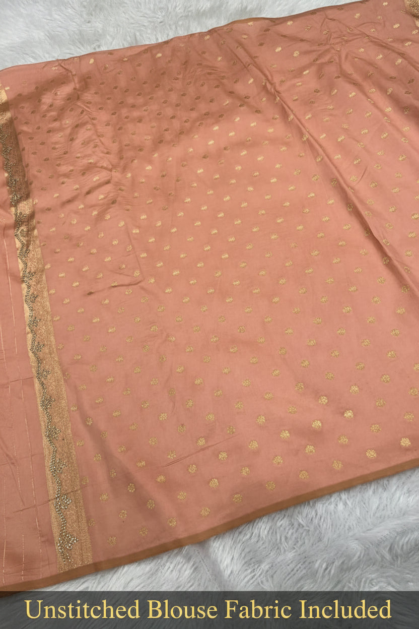 Anula Nexus Peach Pink Malai Satin Saree With Rainbow Multi Box Design, Cut Work Border & Unstitched Blouse Piece-3