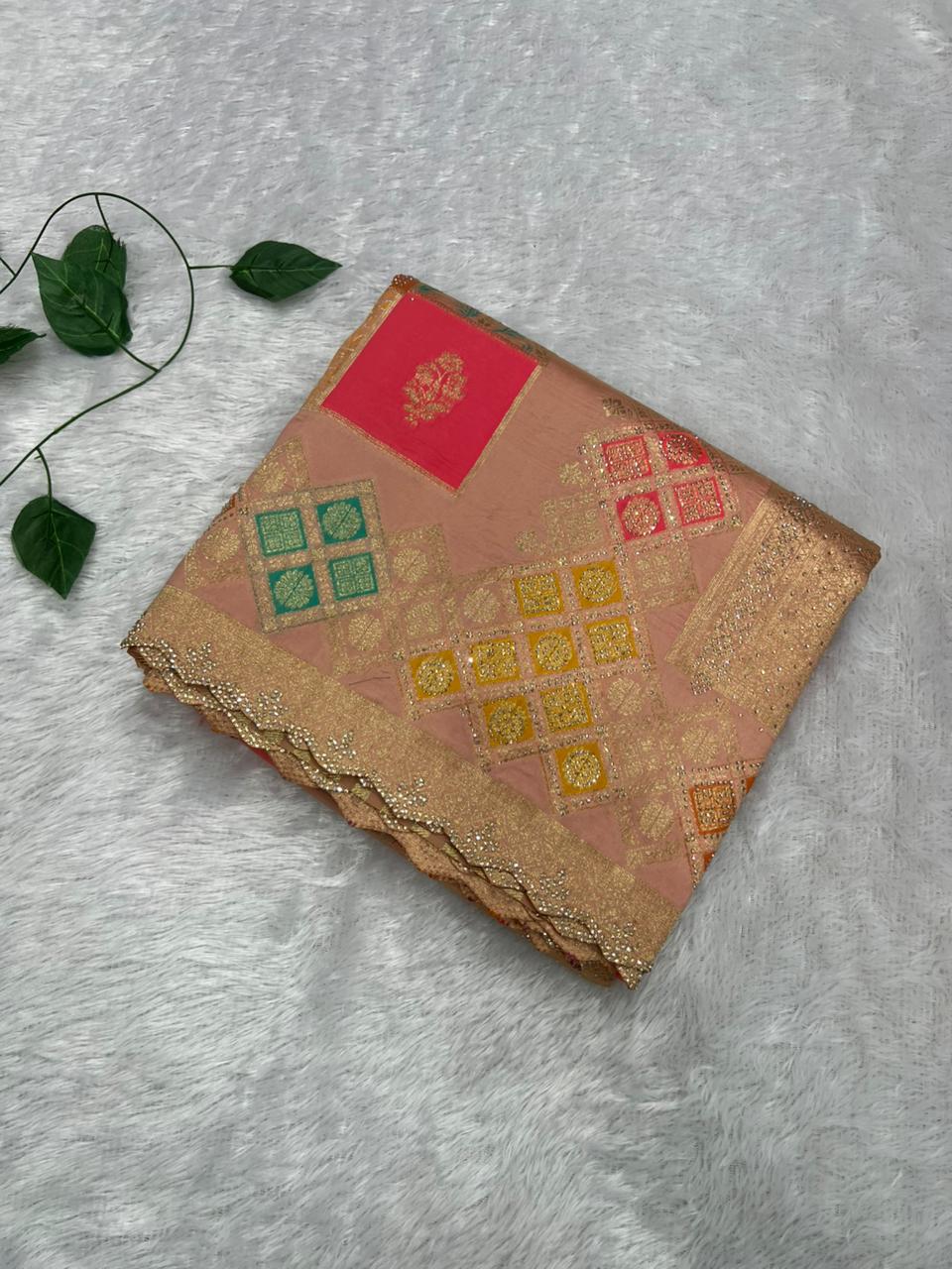 Anula Nexus Peach Pink Malai Satin Saree With Rainbow Multi Box Design, Cut Work Border & Unstitched Blouse Piece-4