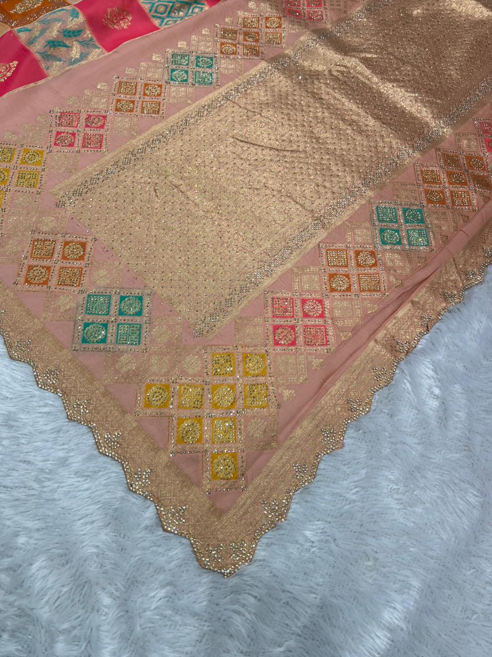 Anula Nexus Peach Pink Malai Satin Saree With Rainbow Multi Box Design, Cut Work Border & Unstitched Blouse Piece-5