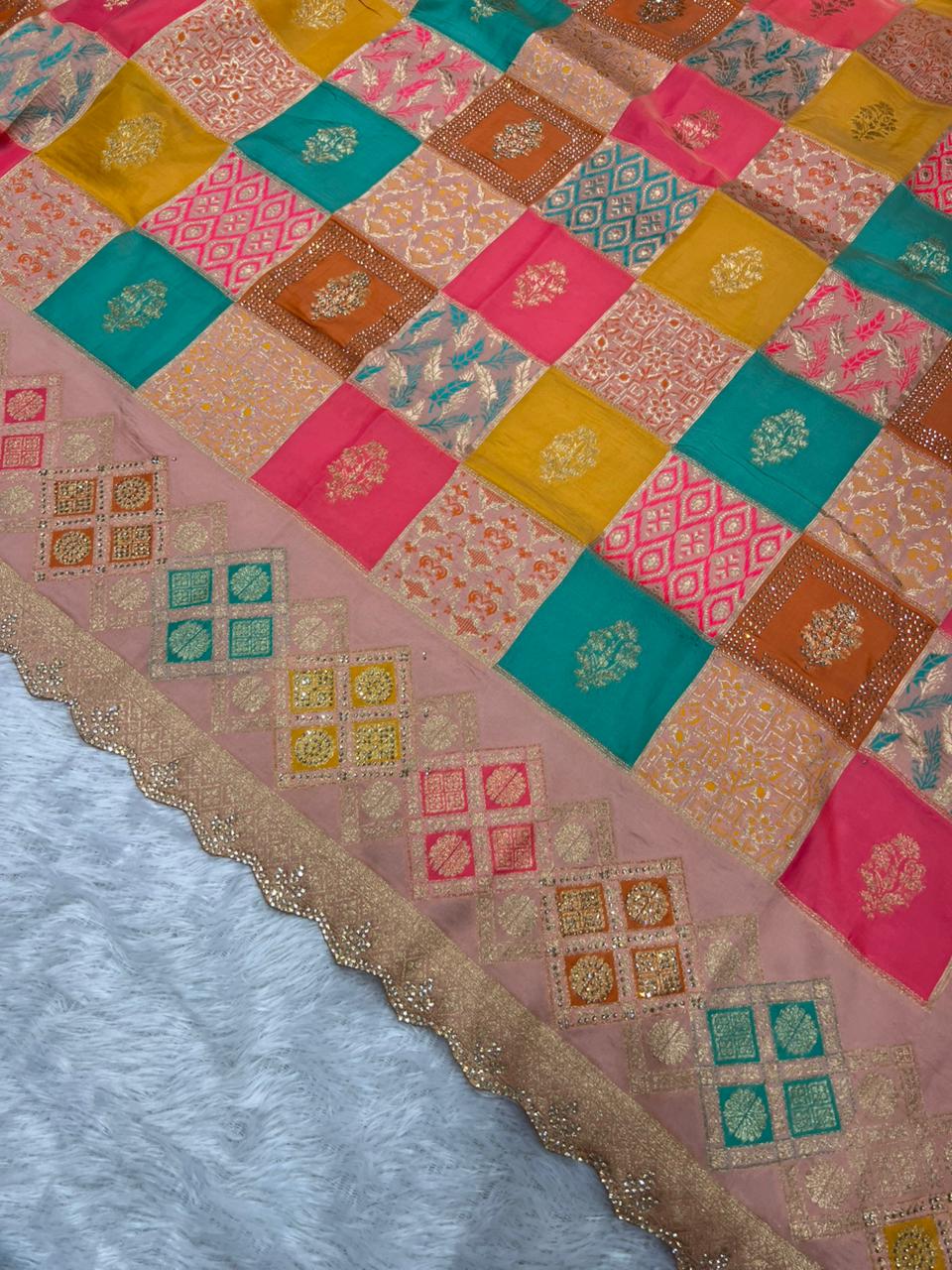 Anula Nexus Peach Pink Malai Satin Saree With Rainbow Multi Box Design, Cut Work Border & Unstitched Blouse Piece-6