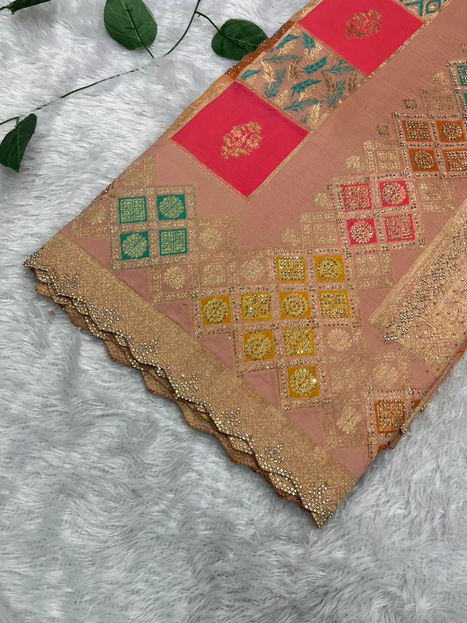 Anula Nexus Peach Pink Malai Satin Saree With Rainbow Multi Box Design, Cut Work Border & Unstitched Blouse Piece-7
