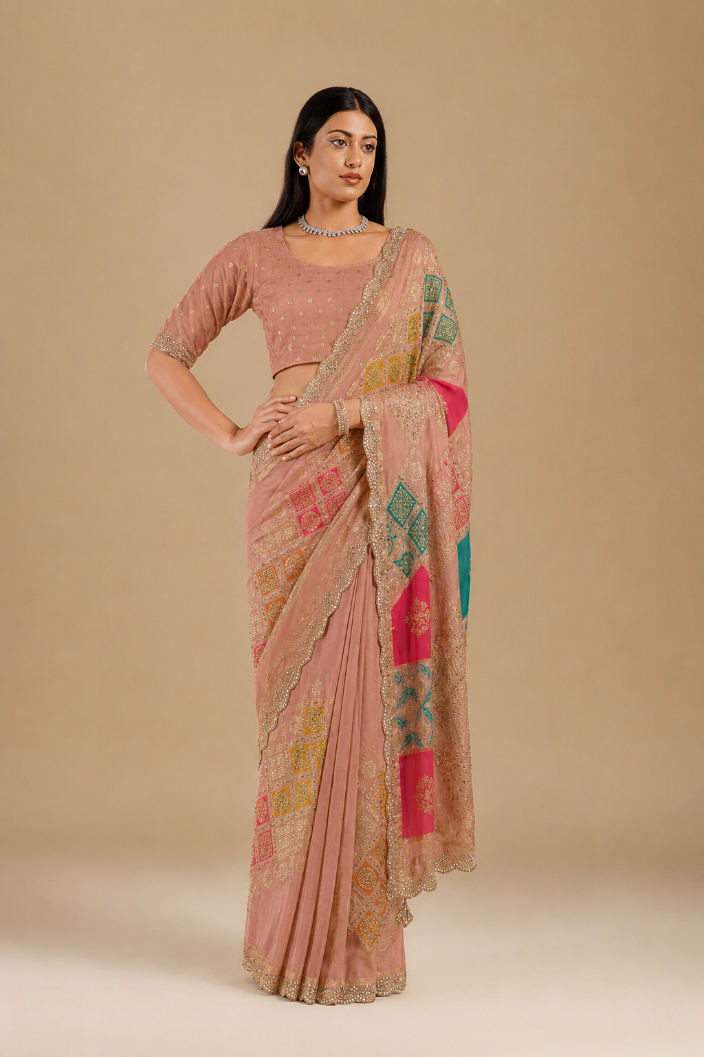Anula Nexus Peach Pink Malai Satin Saree With Rainbow Multi Box Design, Cut Work Border & Unstitched Blouse Piece