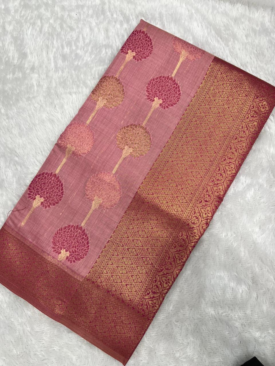 Anula Nexus Premium Cotton Saree For Women Dusty Rose Pink Tree Inspired Woven Design, Rich Gold Zari Border With Unstitched Blouse Piece Included-1