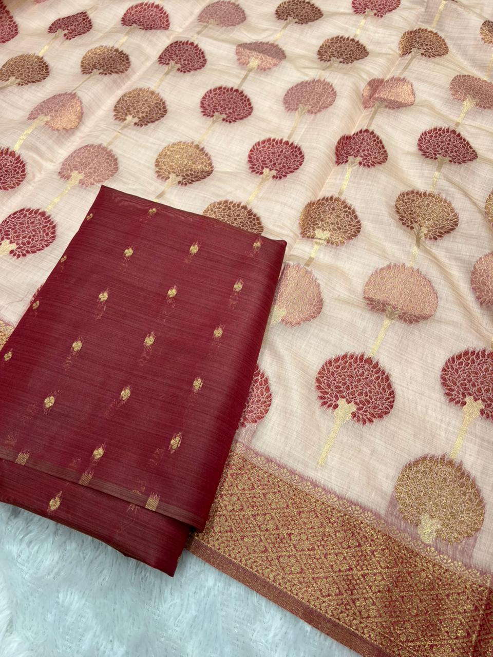 Anula Nexus Premium Cotton Saree For Women Dusty Rose Pink Tree Inspired Woven Design, Rich Gold Zari Border With Unstitched Blouse Piece Included-2