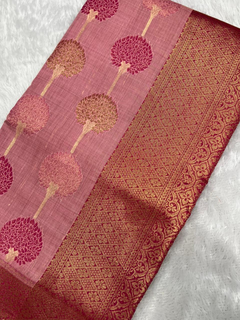 Anula Nexus Premium Cotton Saree For Women Dusty Rose Pink Tree Inspired Woven Design, Rich Gold Zari Border With Unstitched Blouse Piece Included-3